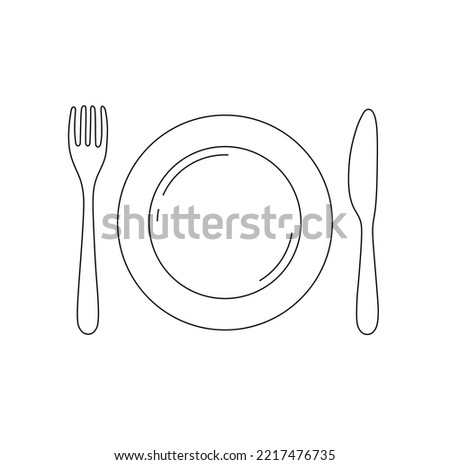 Vector isolated one round plate with fork and knife on the sides serving top view colorless black and white contour line easy drawing Stock photo © 