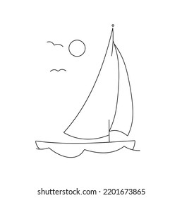 Vector isolated one sailing boat the waves colorless black   white contour line easy drawing