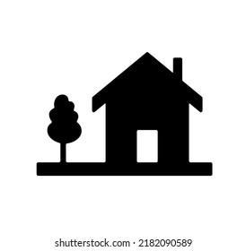 Vector isolated one simple house with tree colorless black and white contour black outline silhouette stencil