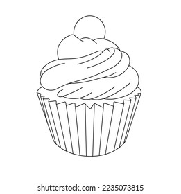 Vector isolated one simple minimal maffin cupcake cake with cream top dessert colorless black and white contour line easy drawing