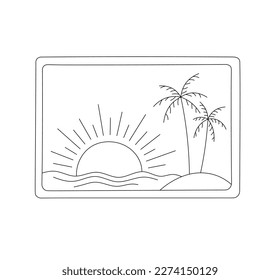 Vector isolated one single beach paradise sun sea ocean palm trees sunset landscape photo colorless black   white contour line easy drawing