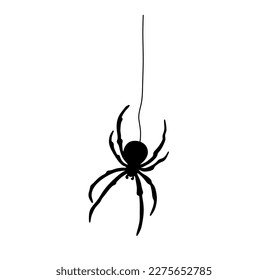 Vector aislado una sola araña negra que cuelga sobre una forma de sombra de silueta de contorno blanco y negro incolora de hilo de red