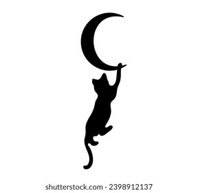 Vector isolated one single black cat hanging on the crescent moon colorless black and white outline silhouette shadow shape stencil solid black