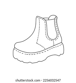 Vector isolated one single boot with stitching on tractor sole colorless black and white contour line easy drawing