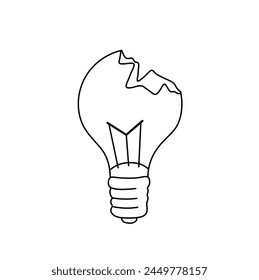 Vector isolated one single broken bulb lamp glass colorless black and white contour line easy drawing