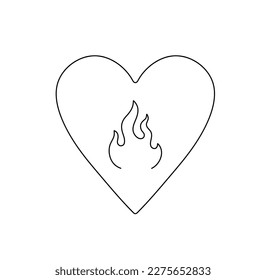 Vector isolated one single burning heart symbol fire inside big heart colorless black and white contour line easy drawing