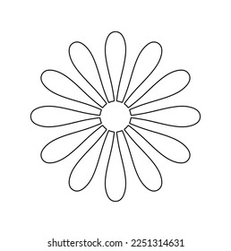 Vector isolated one single camomile style round flower with twelve petals colorless black and white contour line easy drawing