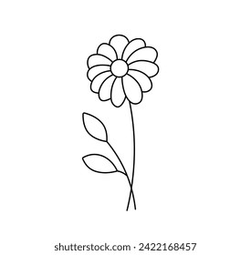 Vector isolated one single camomile flower on stem with leaves colorless black and white contour line easy drawing