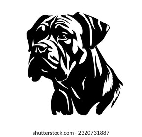 Vector isolated one single Cane Corso dog head black and white bw two colors silhouette. Template for laser engraving or stencil