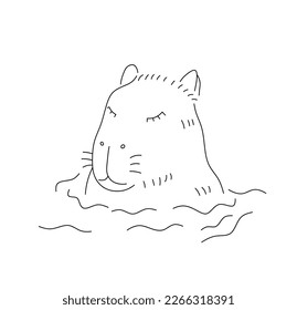 Vector isolated one single capybara guinea pig in water waves colorless black and white contour line easy drawing