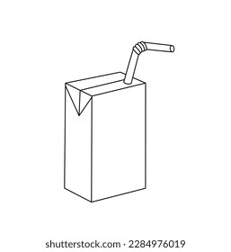 Vector isolated one single cardboard juice or milk little box with plastic straw colorless black and white contour line easy drawing svg