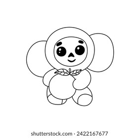 Vector isolated one single cartoon Cheburashka toy with mandarin orange fruit colorless black and white contour line easy drawing