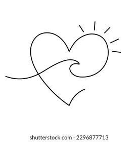 Vector isolated one single contemporary line heart   wave   sun colorless black   white contour line easy drawing
