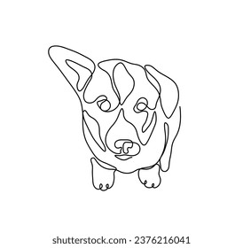 Vector isolated one single contemporary line dog puppy welsh corgi with one hanging ear colorless black and white contour line easy drawing