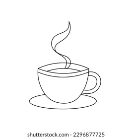 Vector isolated one single cup saucer and hot beverage   steam colorless black   white contour line easy drawing