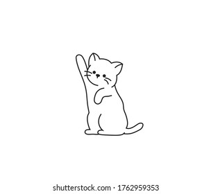 Vector isolated one single cute cartoon sitting cat kitten with one paw up colorless black and white contour line easy drawing
