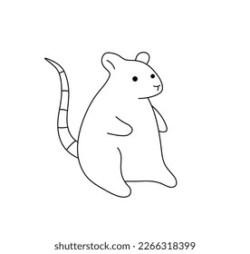 Vector isolated one single cute cartoon funny simplest sitting mouse rat with tail colorless black and white contour line easy drawing