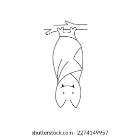 Vector isolated one single cute cartoon funny bat hanging upside down sleeping colorless black   white contour line easy drawing