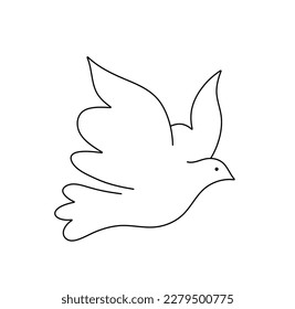 Vector isolated one single cute flying bird dove pigeon side view colorless black and white contour line easy drawing