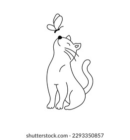 Vector isolated one single cute cartoon sitting cat and butterfly nose colorless black   white contour line easy drawing