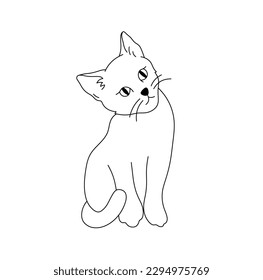 Vector isolated one single cute cartoon sitting cat kitten front view colorless black and white contour line easy drawing