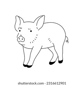 Vector isolated one single cute cartoon little piglet colorless black and white contour line easy drawing