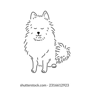 Vector isolated one single cute cartoon sitting pomeranian spitz colorless black and white contour line easy drawing