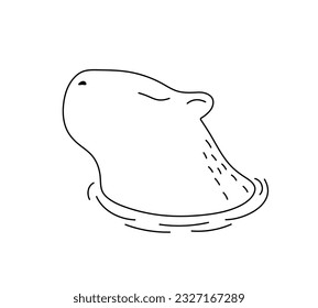 Vector isolated one single cute cartoon capybara head in water side view colorless black and white contour line easy drawing