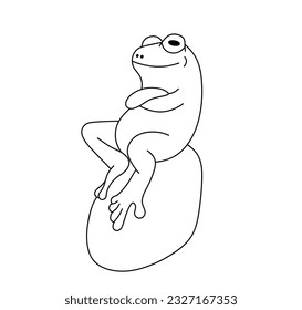 Vector isolated one single cute cartoon frog sitting on a stone colorless black and white contour line easy drawing