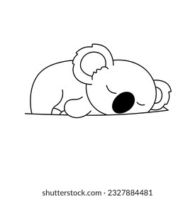 Vector aislado una sola tierna caricatura koala durmiendo en el estómago en graciosa vista lateral de pose incolora línea de contorno blanco y negro dibujo fácil