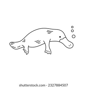 Vector isolated one single cute cartoon swimming duckbill platypus underwater colorless black and white contour line easy drawing