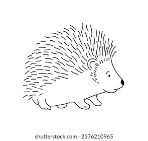 Vector isolated one single cute cartoon hedgehog with needles side view colorless black and white contour line easy drawing