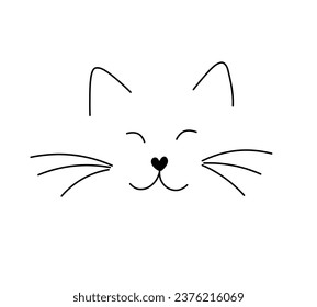 Vector isolated one single cute cartoon funny cat muzzle with ears and whiskers colorless black and white contour line easy drawing