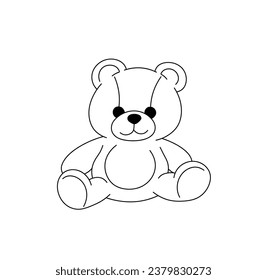 Vector isolated one single cute cartoon sitting teddy bear soft toy colorless black and white contour line easy drawing	