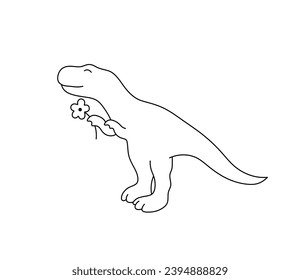 Vector aisló un único dino de dibujos animados lindo con flor en la mano parado en la vista lateral de patas traseras, vista frontal, línea de contorno blanco y negro incoloro dibujo fácil	