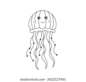 Vector isolated one single cute cartoon jellyfish with long tentacles colorless black and white contour line easy drawing	
