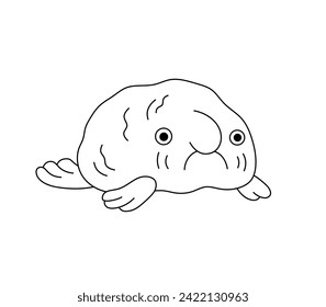 Vector isolated one single cute cartoon sad ugly fish with big nose blobfish on the bottom colorless black and white contour line easy drawing	
