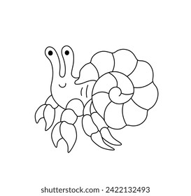 Vector aislado una sola caricatura tierna cáncer hermit en la vista lateral de la concha línea de contorno blanco y negro incoloro dibujo fácil	
