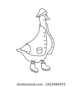 Vector isolated one single cute cartoon funny goose in costume and boots and hat colorless black and white contour line easy drawing