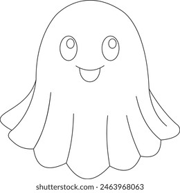 Vector isolated one single cute cartoon funny ghost colorless black and white contour line easy drawing.