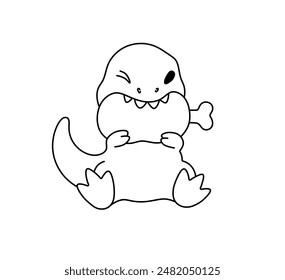 Vector isolated one single cute cartoon eating dinosaur tyrannosaurus rex trex character colorless black and white contour line easy drawing	
