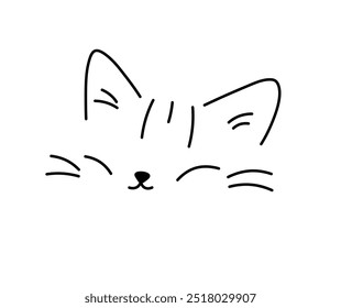 Vector isolated one single cute cartoon funny smiling cat head muzzle doodle colorless black and white contour line easy drawing