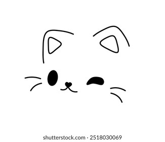 Vector isolated one single cute cartoon funny winking cat head muzzle doodle colorless black and white contour line easy drawing