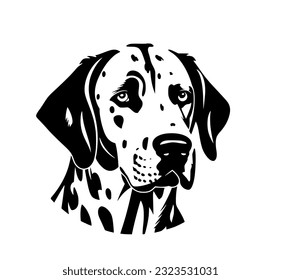 Vector isolated one single Dalmatian dog head black and white bw two colors silhouette. Template for laser engraving or stencil