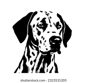 Vector isolated one single Dalmatian dog head black and white bw two colors silhouette. Template for laser engraving or stencil