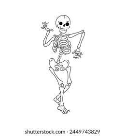 Vector isolated one single dancing happy funny skeleton dead man colorless black and white contour line easy drawing	