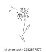 Vector isolated one single dandelion blowball flower with flying seeds colorless black and white contour line easy drawing