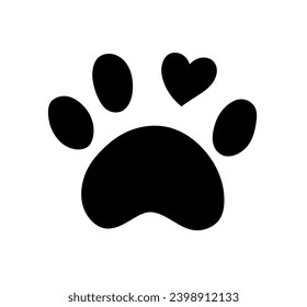 Vector isolated one single dog cat bear paw print with heart colorless black and white outline silhouette shadow shape stencil solid black