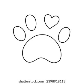 Vector isolated one single dog cat bear paw print with heart colorless black and white