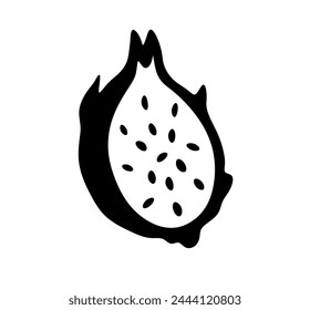 Vector isolated one single dragonfruit pitaya fruit cut in half colorless black and white outline silhouette shdow shape	